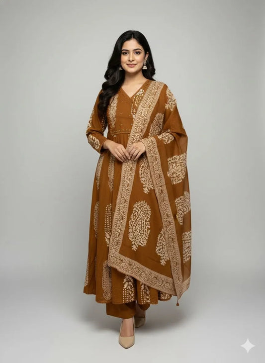 Brown Cotton Ethnic Suit Set with Dupatta