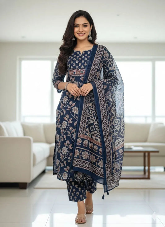 Blue Pure Cotton Printed Suit Set for Women