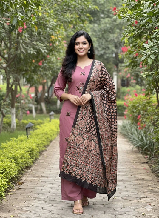 Onion Pink Pure Cotton Printed Suit Set with Dupatta