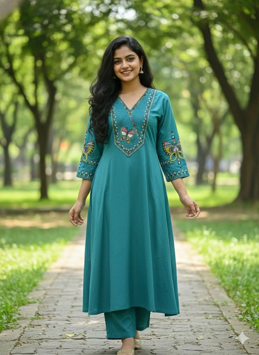 Green Butterfly Embroidered Ethnic Co-ord Set for Women