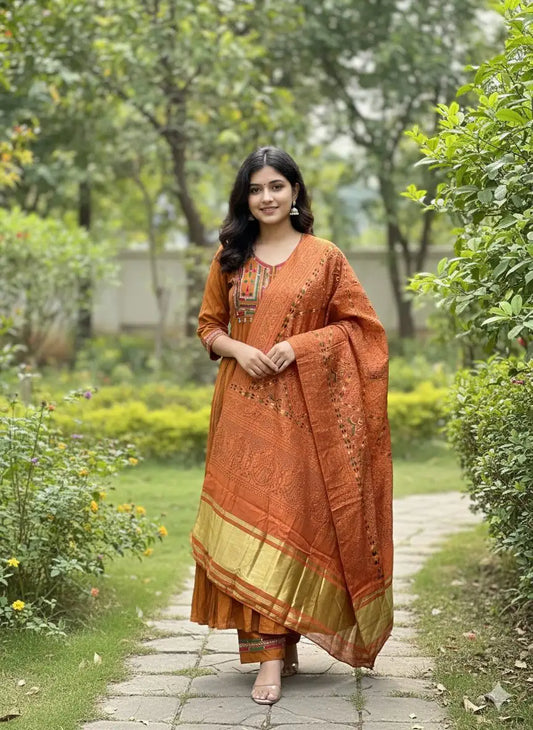 Rust Orange Silk Ethnic Suit Set for Wome