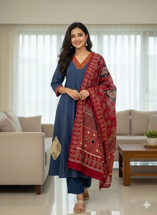 Elegant Blue Cotton Suit Set with Printed Dupatta