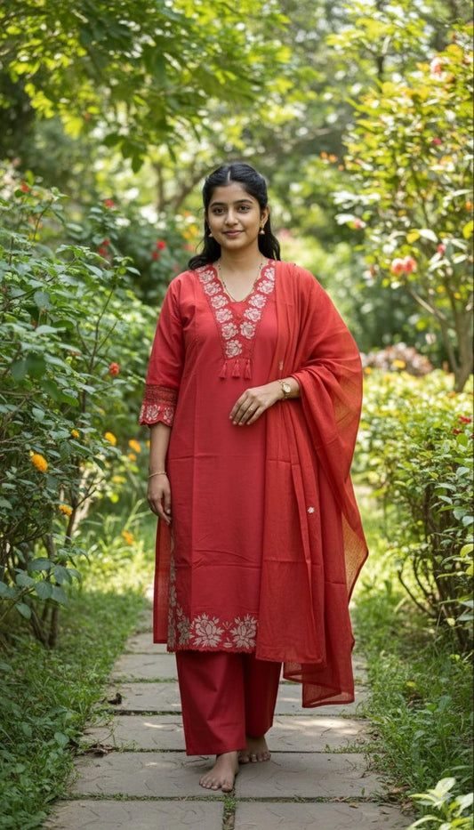 Elegant Pure Cotton Red Embroidered Suit Set for Women